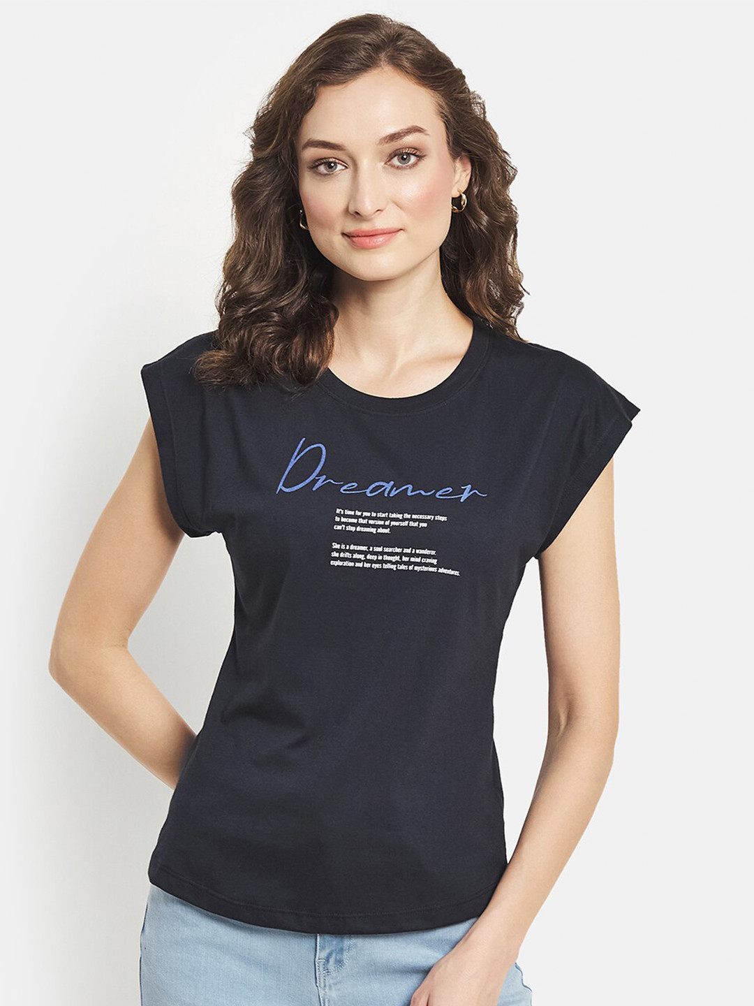 

METTLE Women Navy Blue Typography Printed Extended Sleeves T-shirt