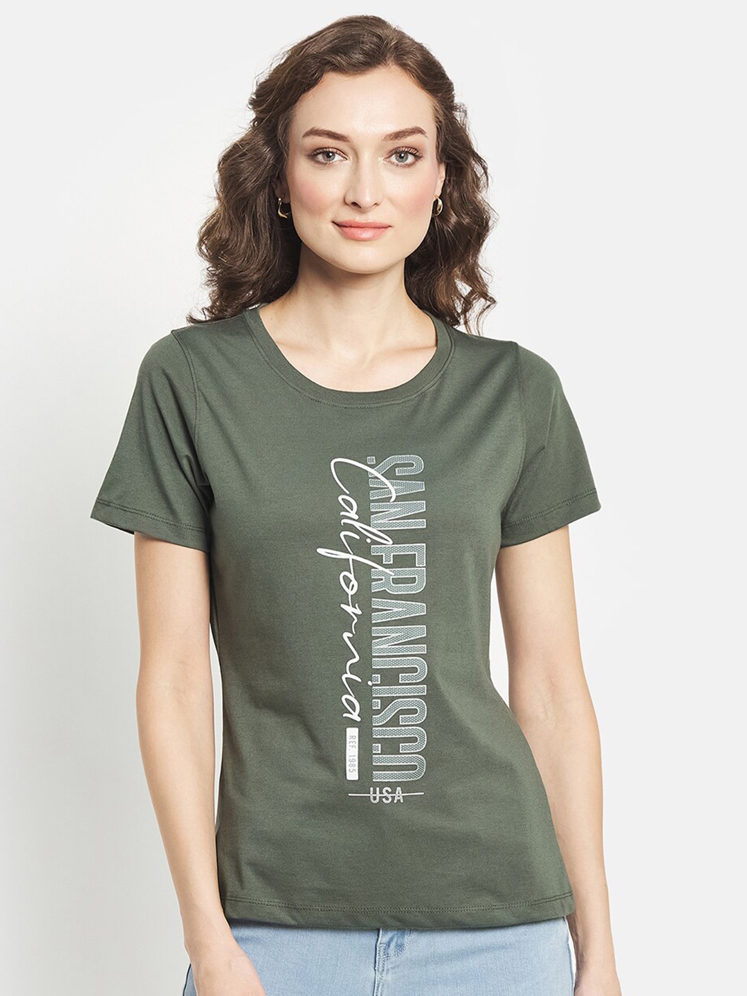 

METTLE Women Olive Green Typography Printed T-shirt