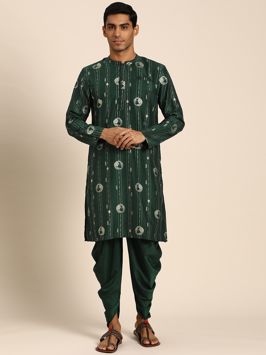 

Anouk Men Green & Golden Ethnic Motifs Printed Kurta with Dhoti Pants