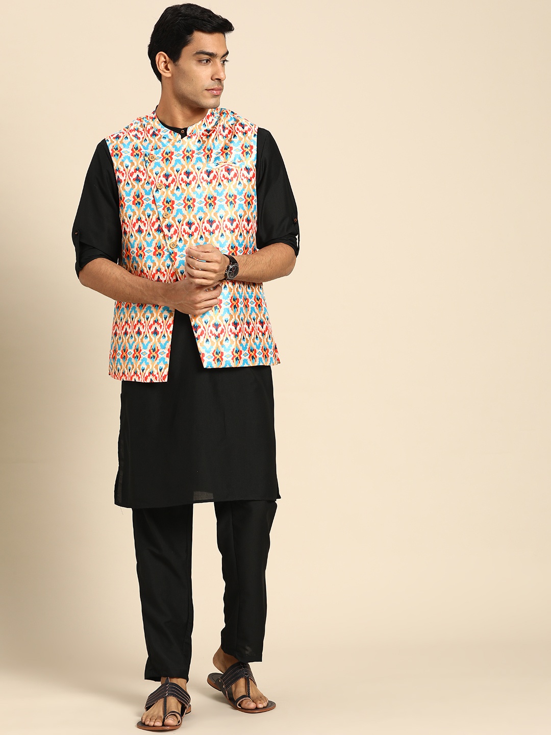 

Anouk Men Black Solid Kurta with Trousers & Printed Nehru Jacket