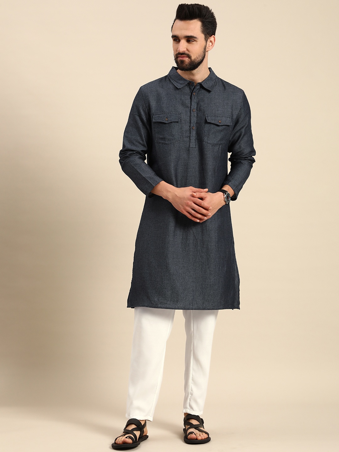 

Anouk Men Navy Blue Self Design Pure Cotton Kurta with Trousers