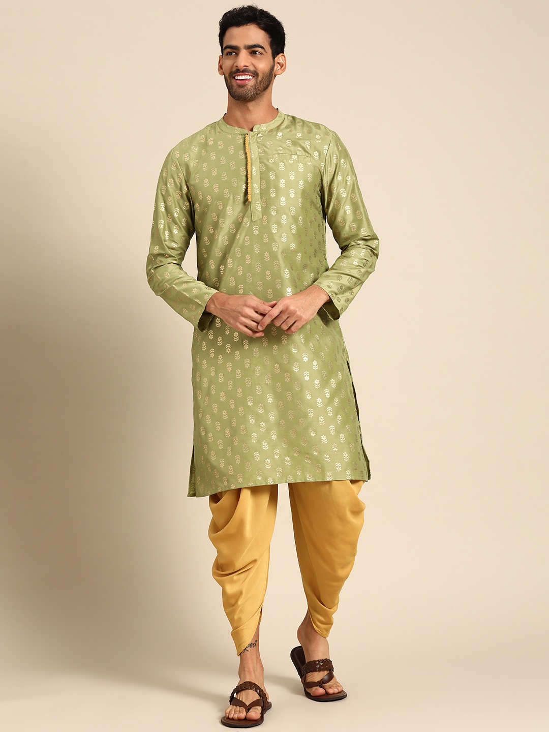 

Anouk Men Green & Gold Ethnic Motifs Printed Kurta with Dhoti Pants