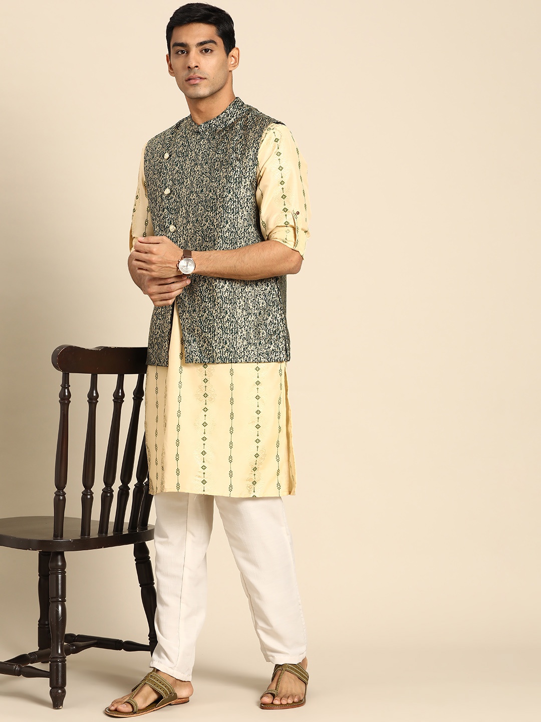 

Anouk Men Beige & Green Ethnic Motifs Printed Kurta with Trousers & Nehru Jacket