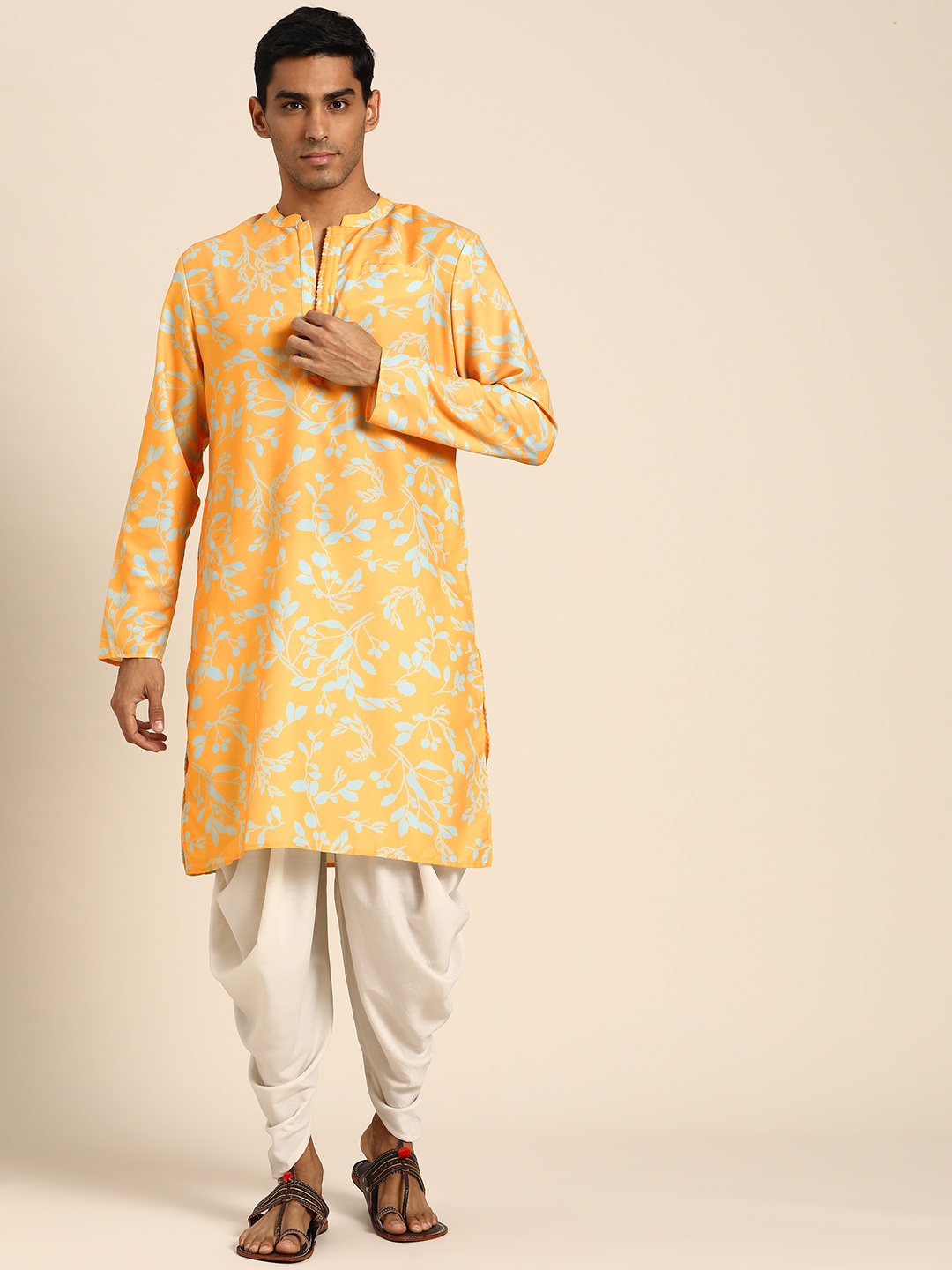 

Anouk Men Yellow & Blue Floral Printed Kurta with Dhoti Pants