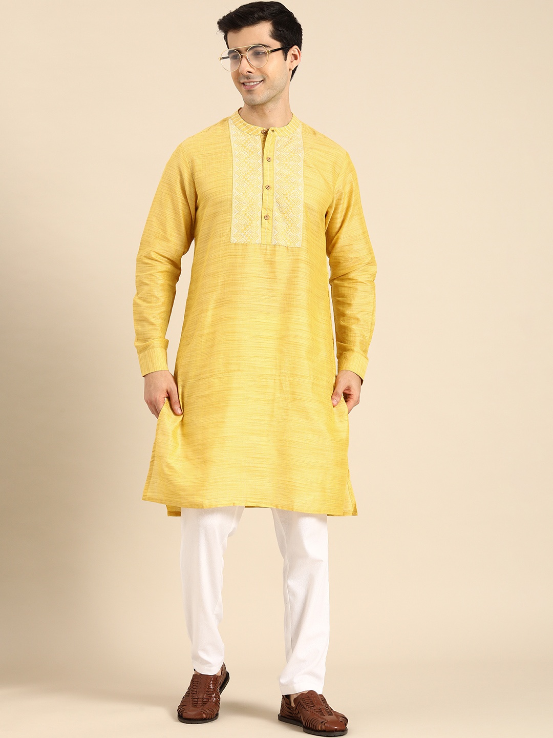 

Anouk Men Yellow Ethnic Motifs Yoke Design Thread Work Kurta with Pyjamas