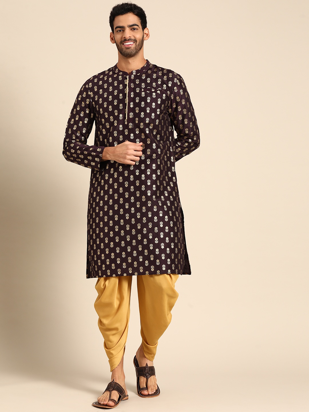 

Anouk Men Purple & Golden Ethnic Motifs Printed Kurta with Dhoti Pants