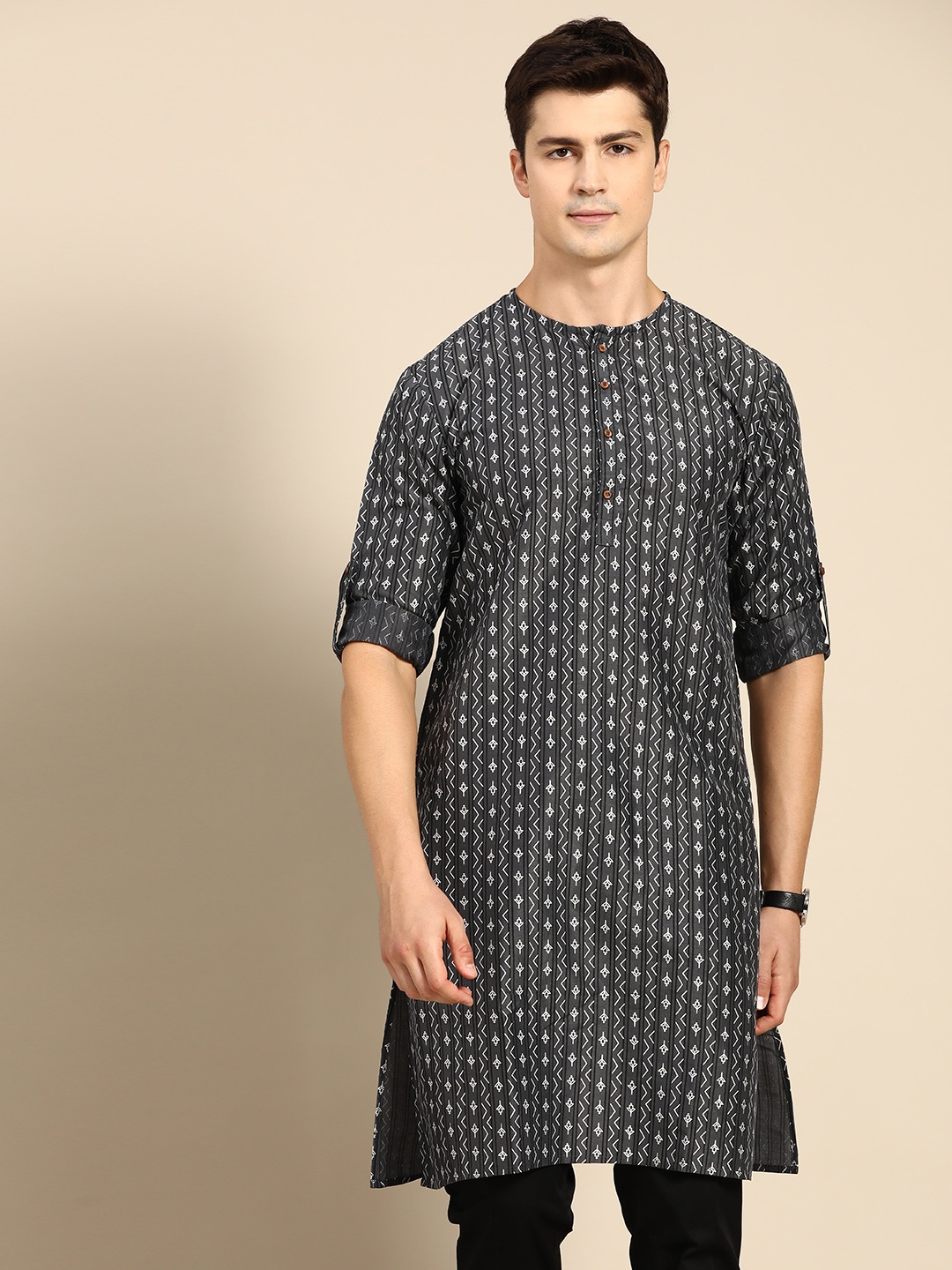 

Anouk Men Charcoal Grey & Silver Ethnic Motifs Print Kurta