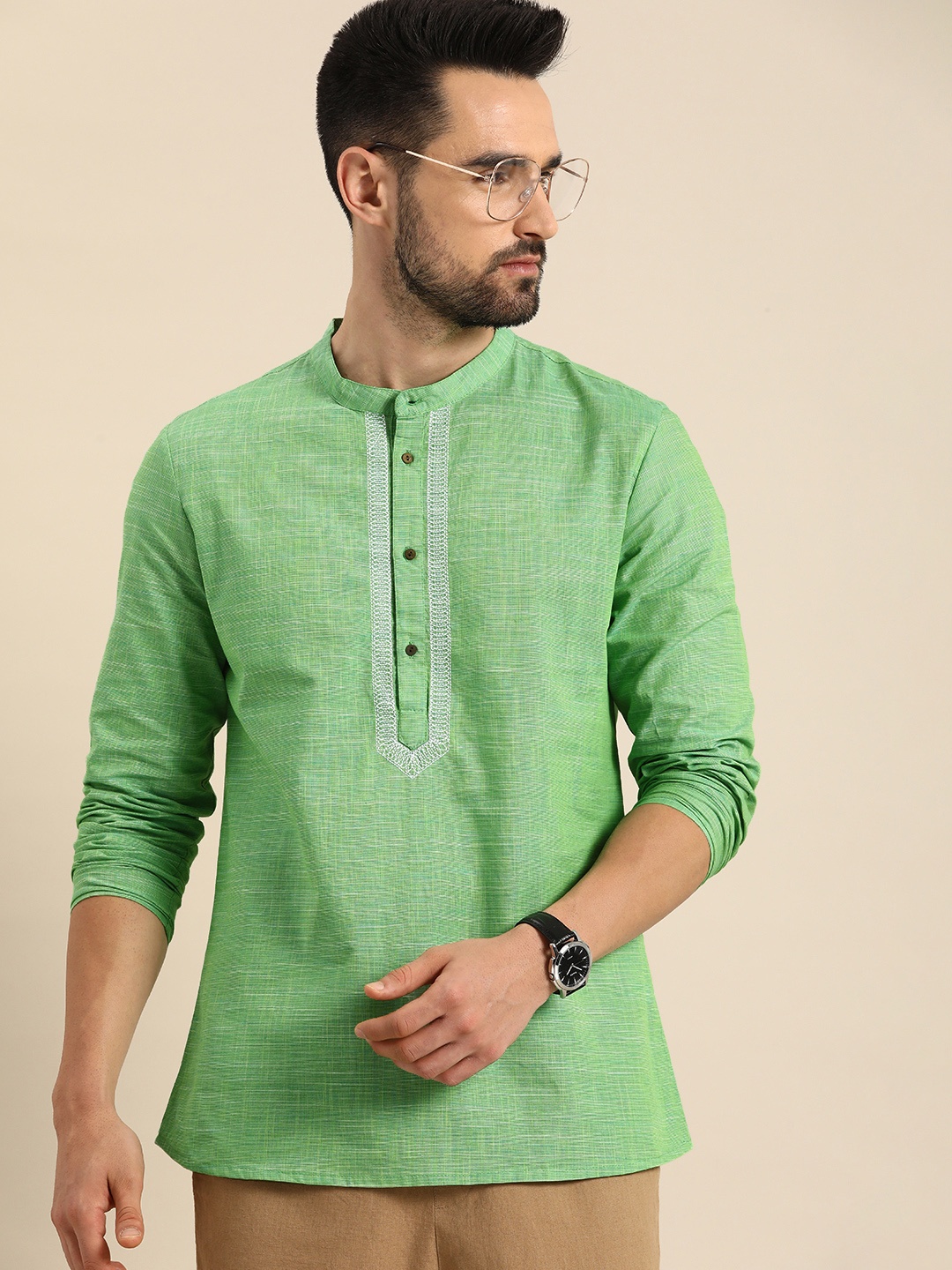 

Anouk Men Green Thread Work Mandarin Collar Pure Cotton Kurta