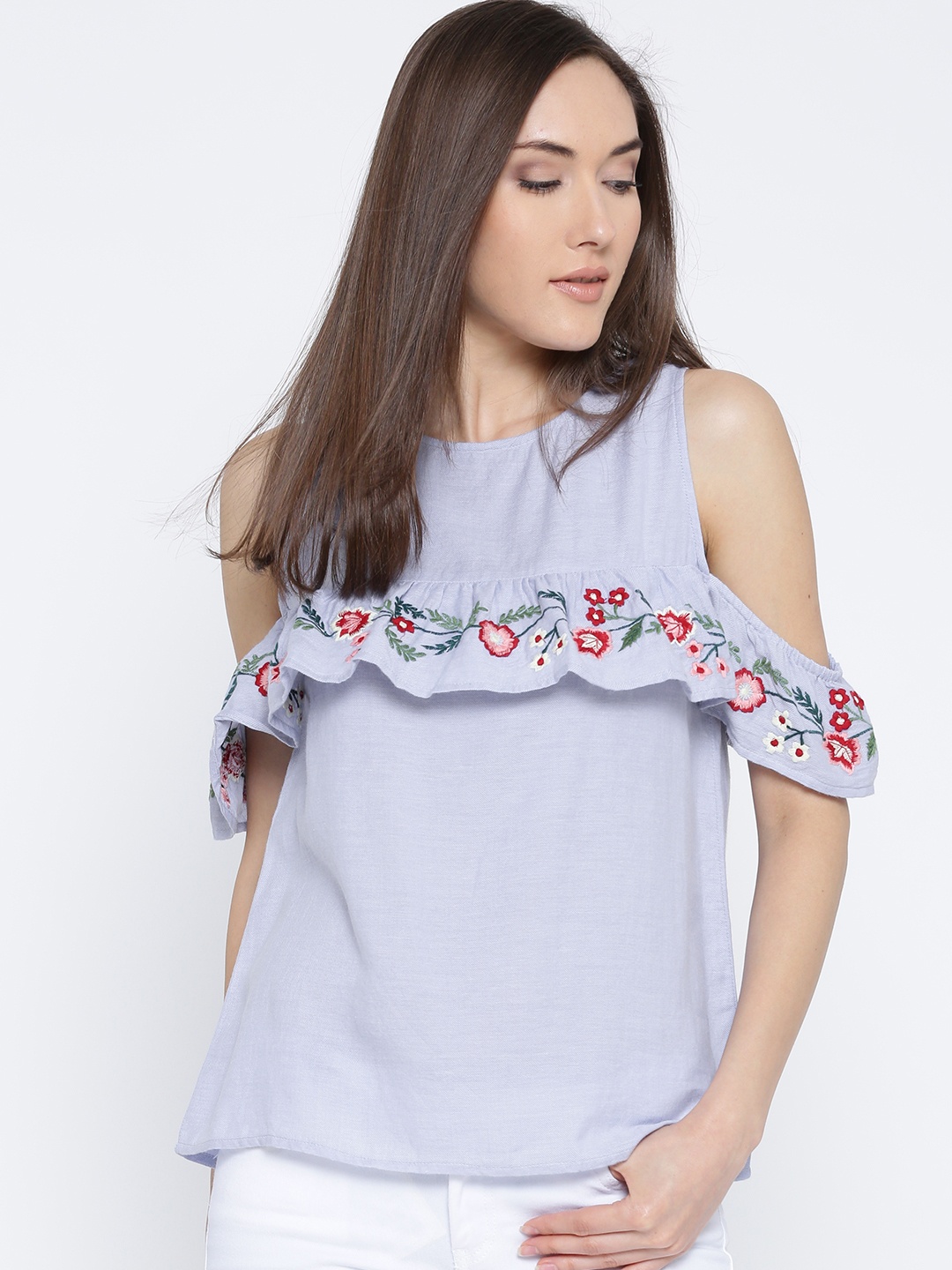 

Vaak Women Blue Embroidered Detail Cold Shoulder Pure Cotton Top