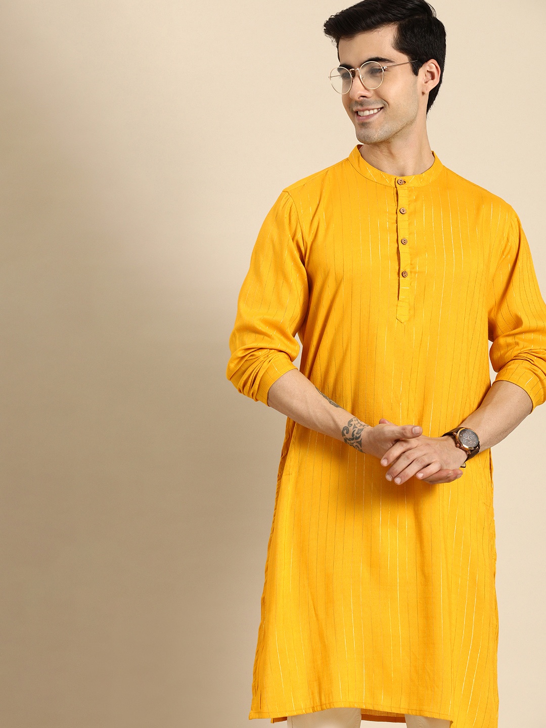 

Anouk Men Mustard Yellow Striped Mandarin-Collar A-Line Kurta