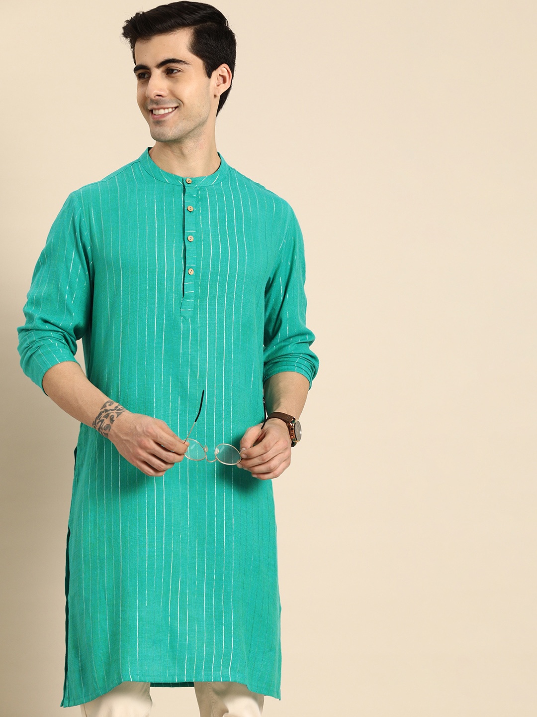

Anouk Men Sea Green Striped Mandarin-Collar A-Line Kurta