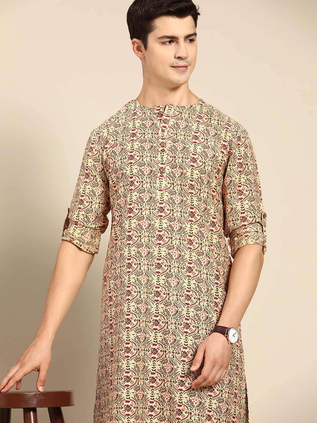 

Anouk Men Beige & Purple Ethnic Motifs Print Kurta