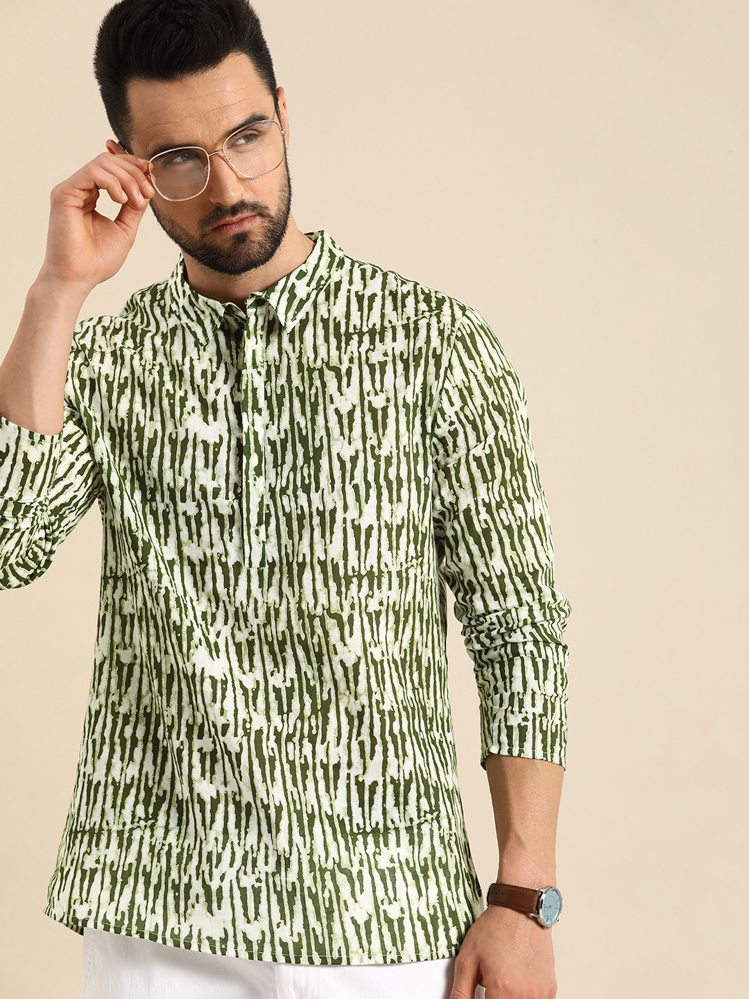 

Anouk Men White & Green Printed Pure Cotton Kurta