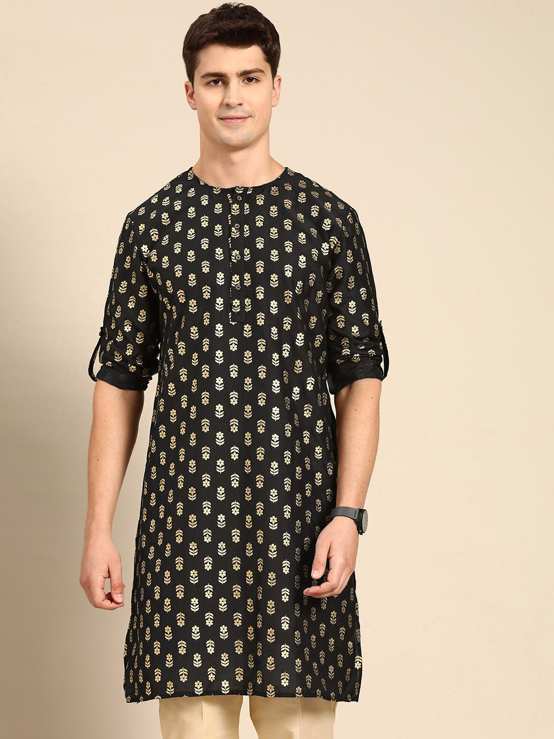 

Anouk Men Black & Golden Ethnic Motifs Printed Straight Kurta