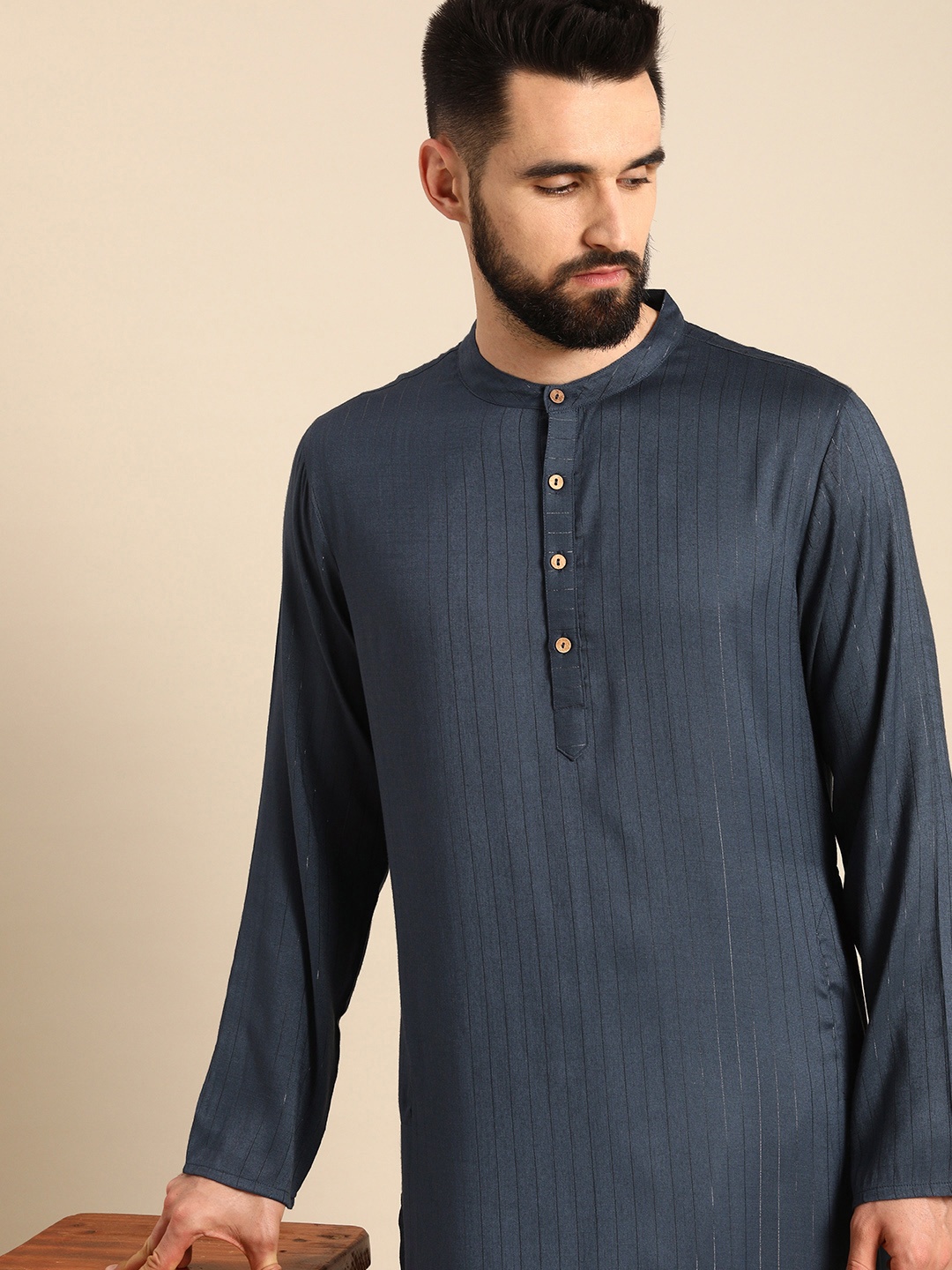 

Anouk Men Charcoal Black Self-Striped Kurta
