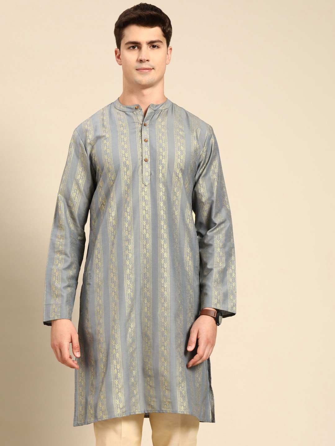 

Anouk Men Grey & Golden Striped Straight Kurta