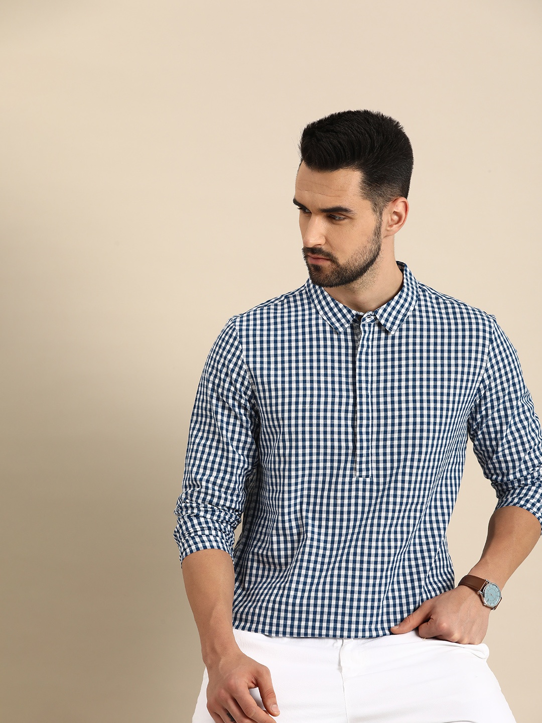 

Anouk Men Blue & White Micro Checked Pure Cotton Kurta