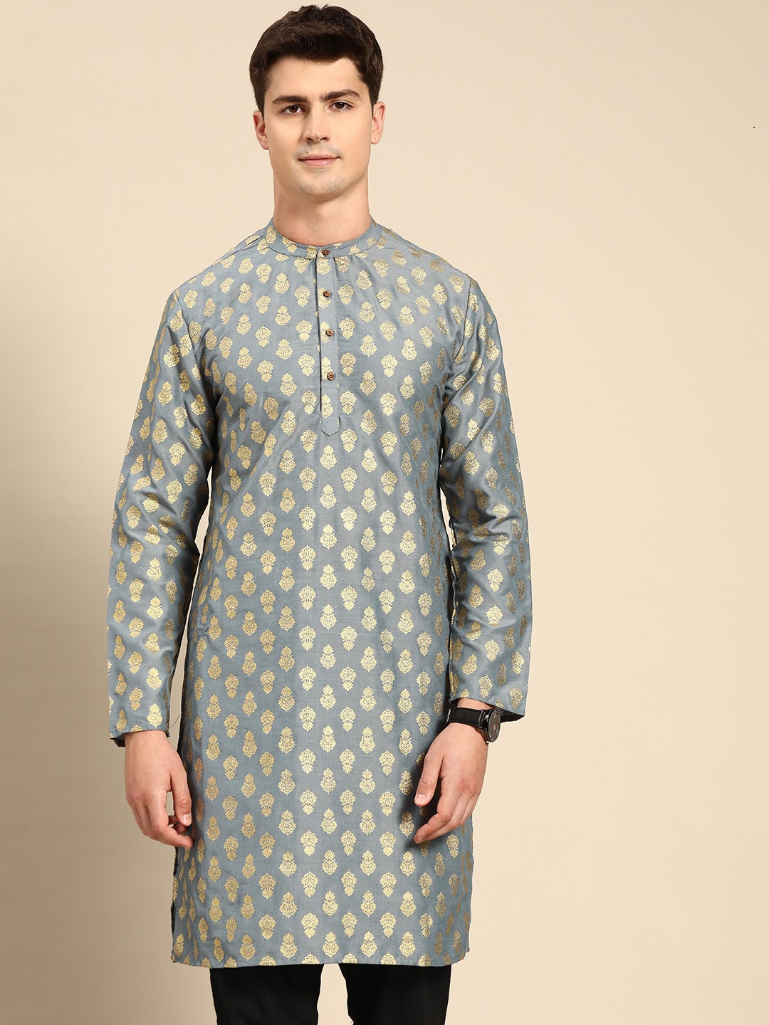 

Anouk Men Grey & Golden Ethnic Motifs Printed Straight Kurta