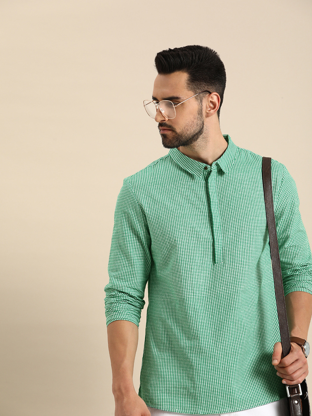 

Anouk Men Green & White Micro Checked Pure Cotton Kurta