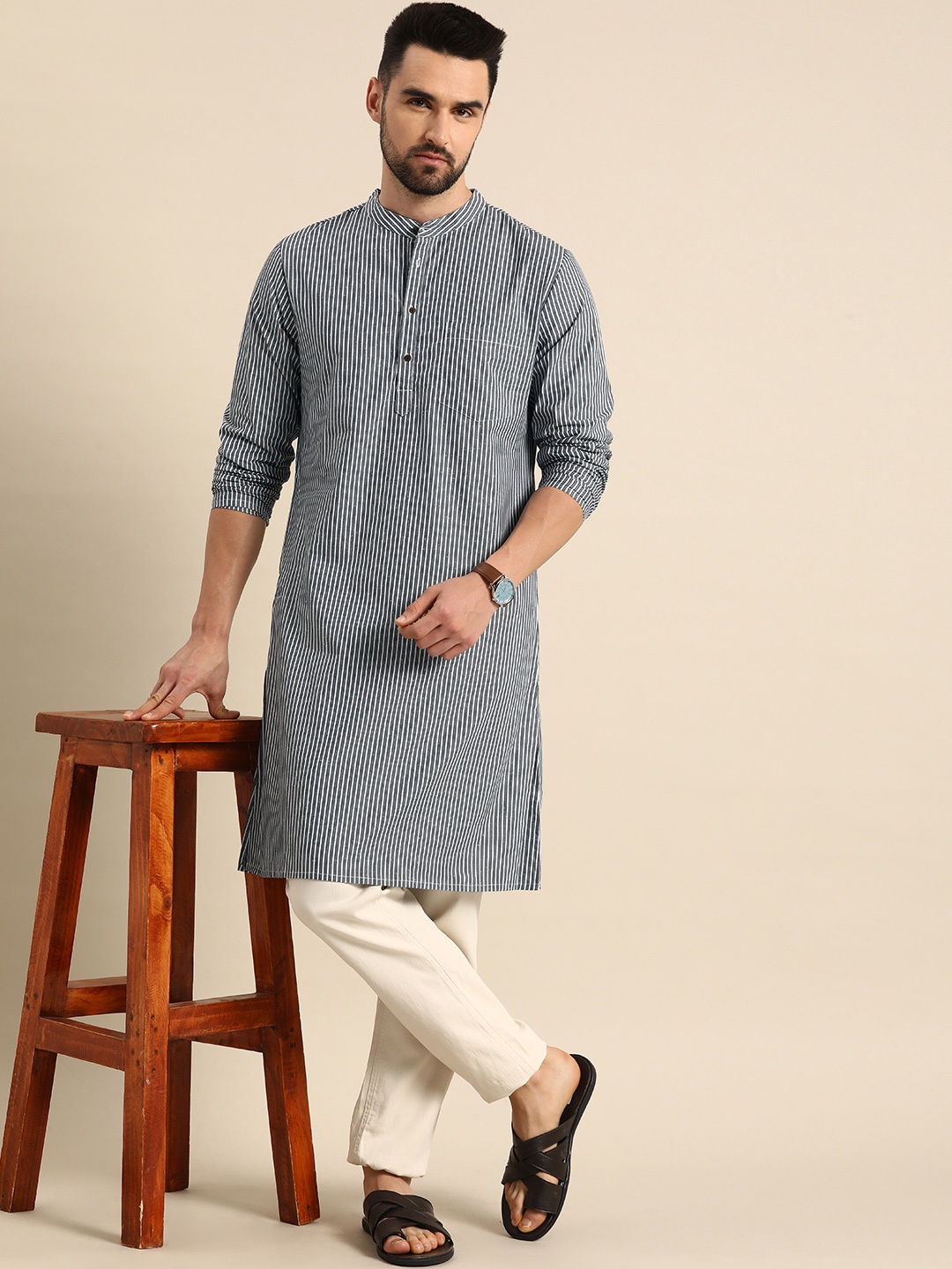 

Anouk Men Black & White Striped Pure CottonKurta