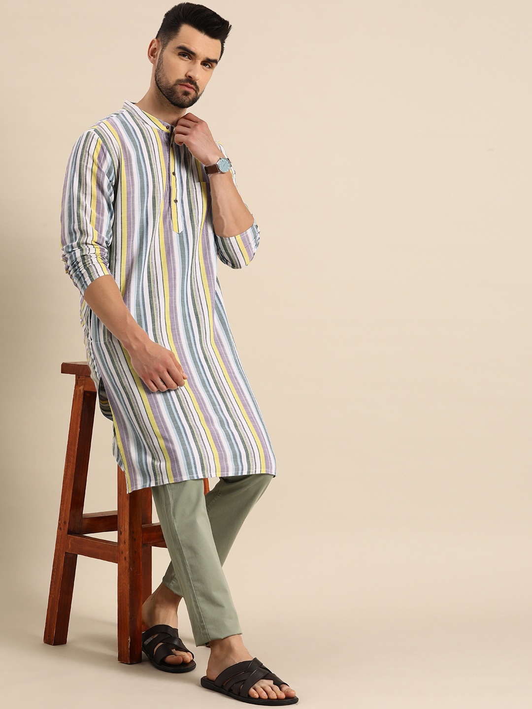 

Anouk Men Multicoloured Striped Pure Cotton Kurta, Multi