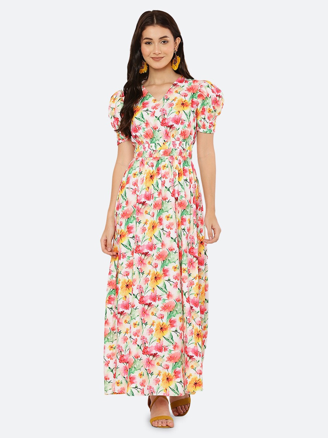 

RAASSIO Women Off White & Pink Floral Crepe Maxi Dress