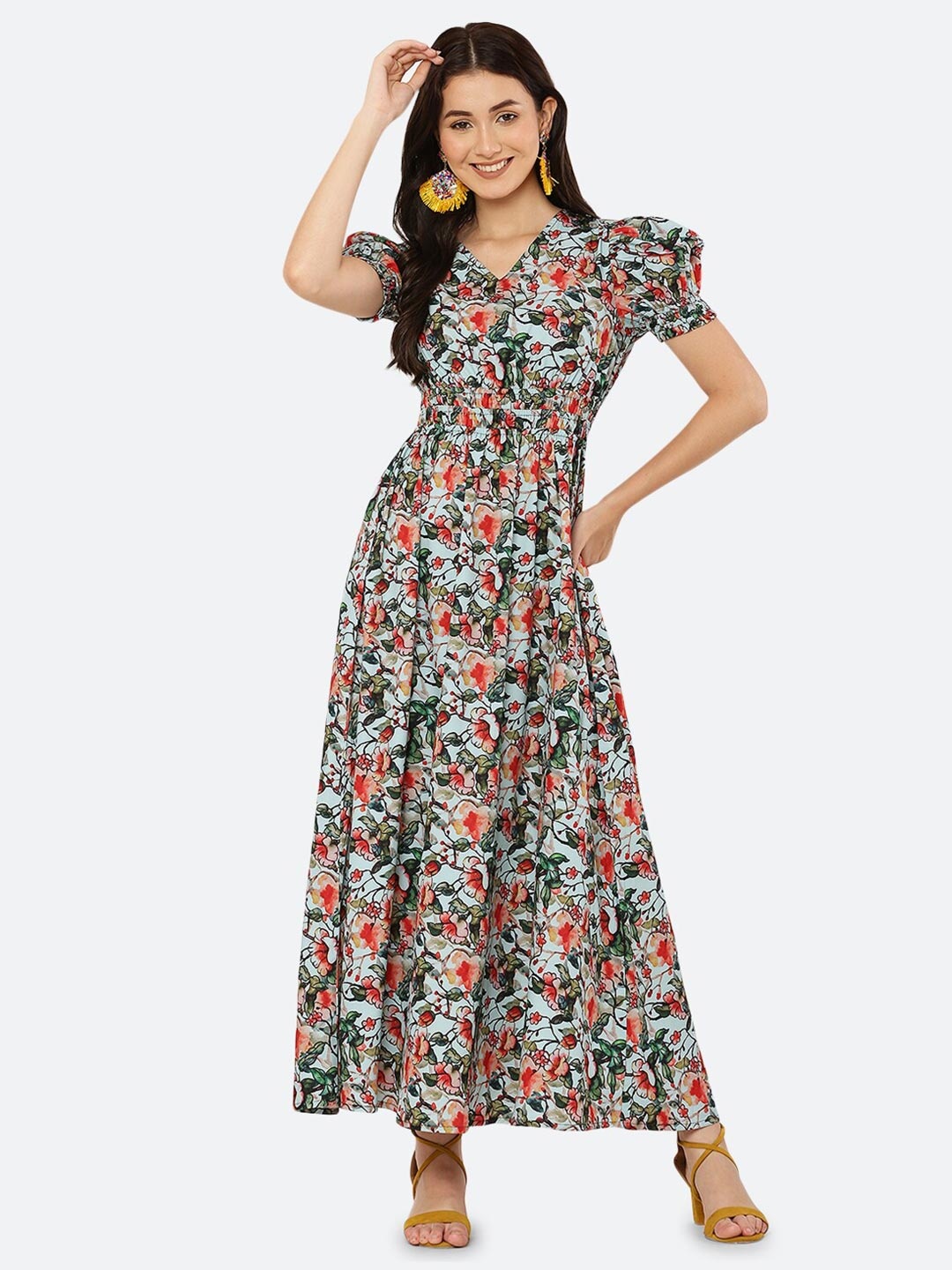 

RAASSIO Women Green & Peach Coloured Floral Crepe Maxi Dress