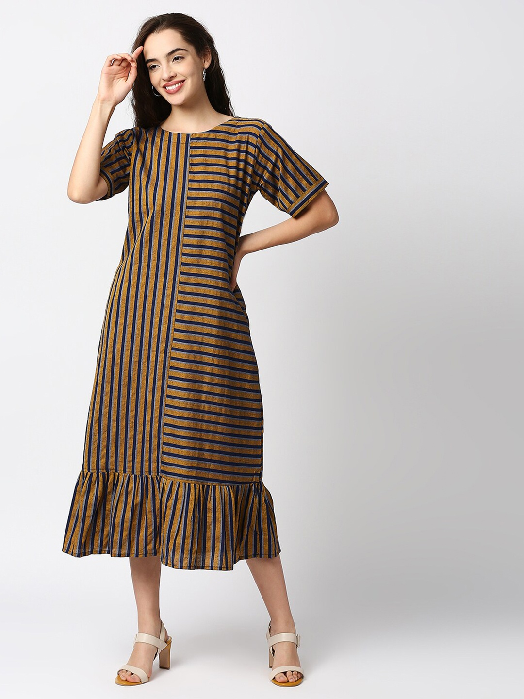 

Kuber Studio Women Blue & Mustard Yellow Striped Midi Dress