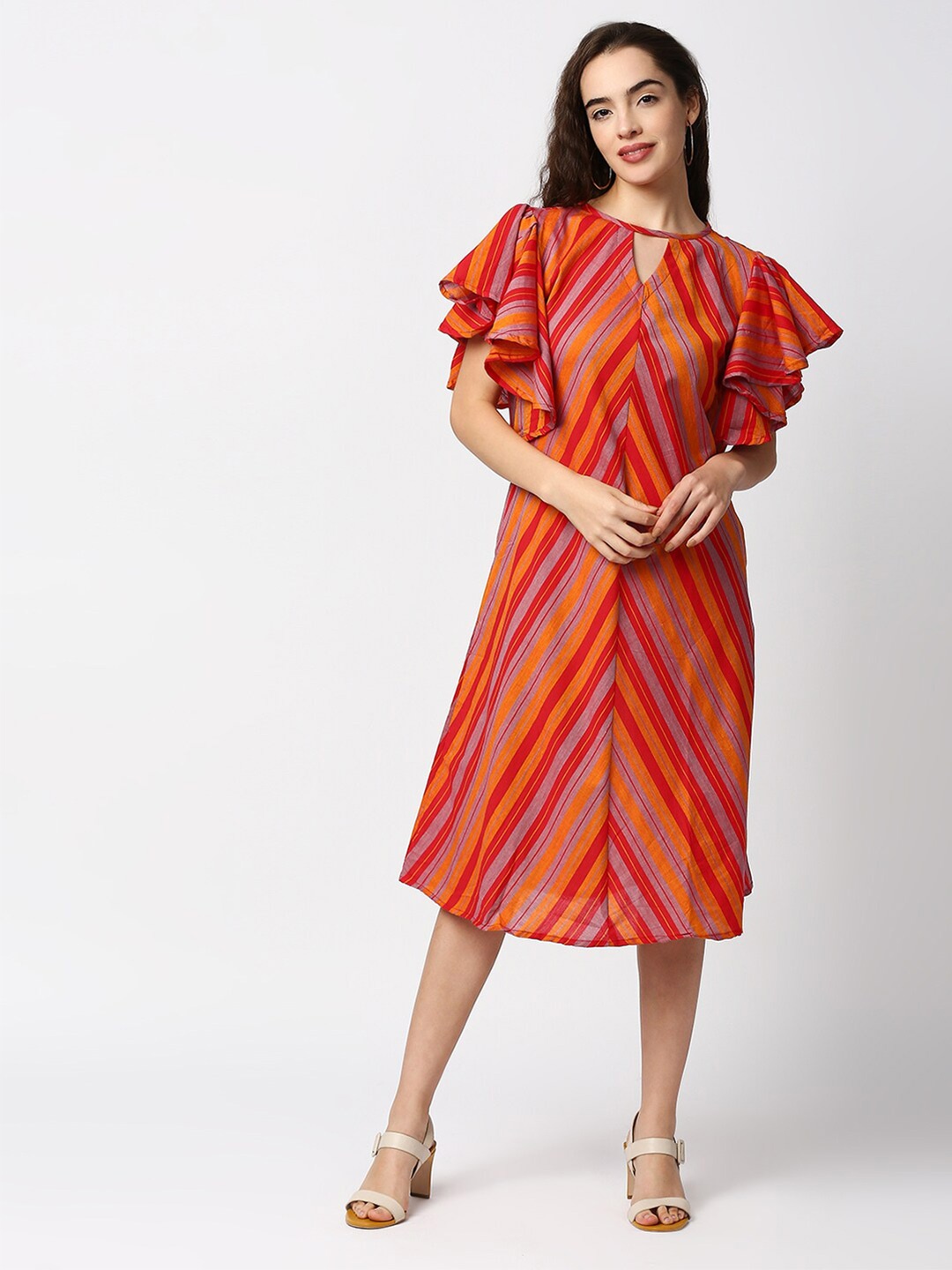 

Kuber Studio Red Striped Keyhole Neck A-Line Midi Dress