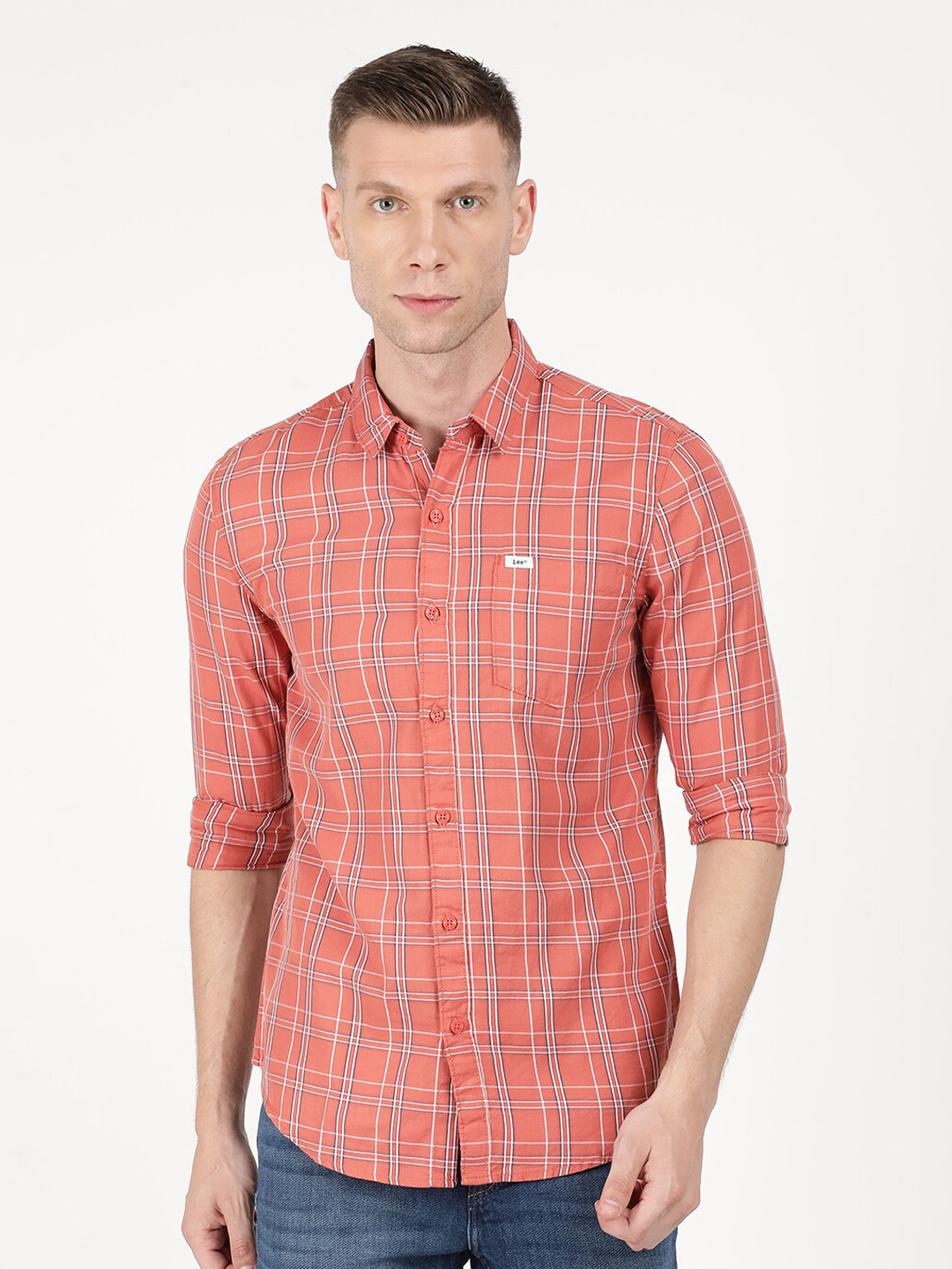 

Lee Men Orange Slim Fit Tartan Checks Checked Casual Shirt