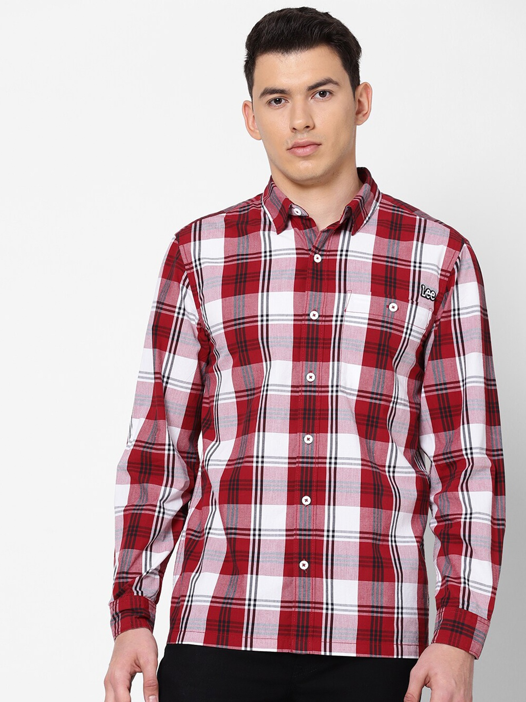 

Lee Men Red & White Checked Cotton Casual Shirt