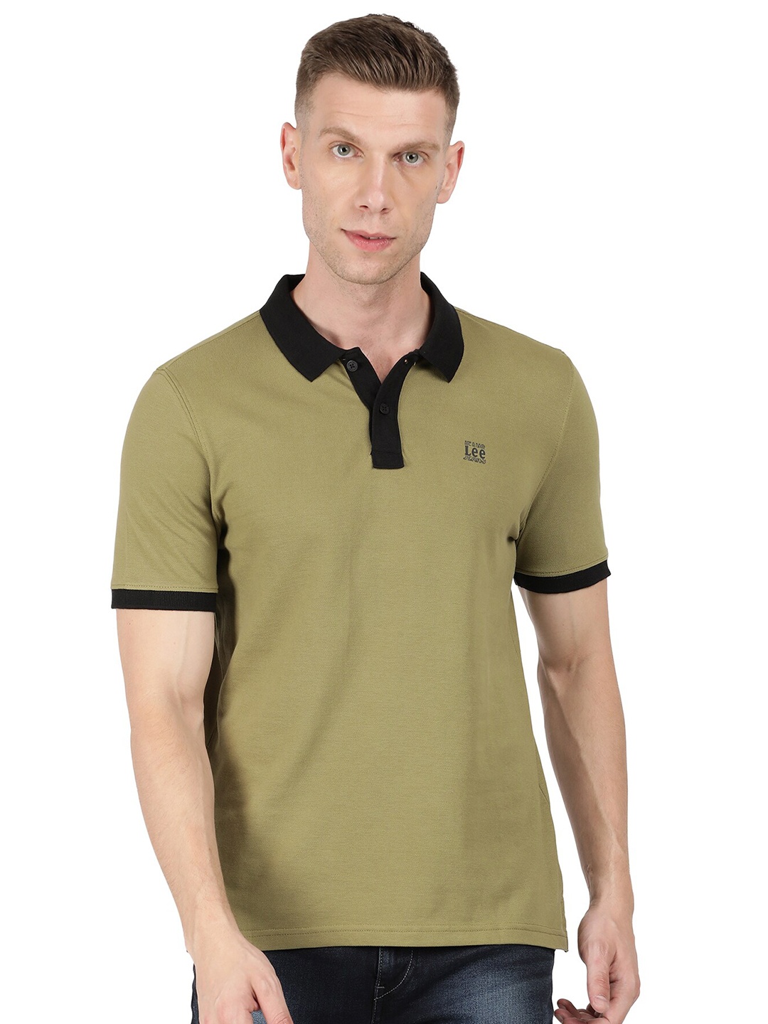 Lee Men Black Polo Collar Slim Fit T-shirt