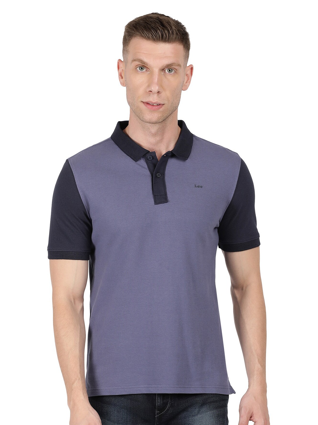 

Lee Men Blue & Black Colourblocked Polo Collar Slim Fit T-shirt