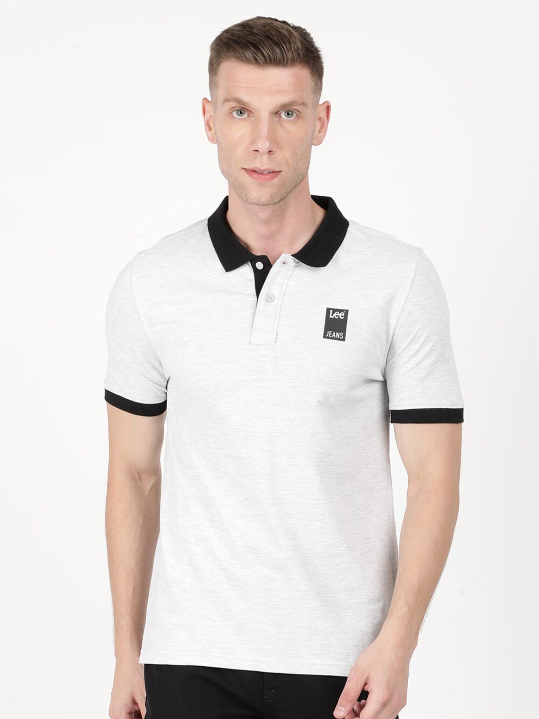 

Lee Men White Polo Collar Applique Slim Fit Cotton T-shirt