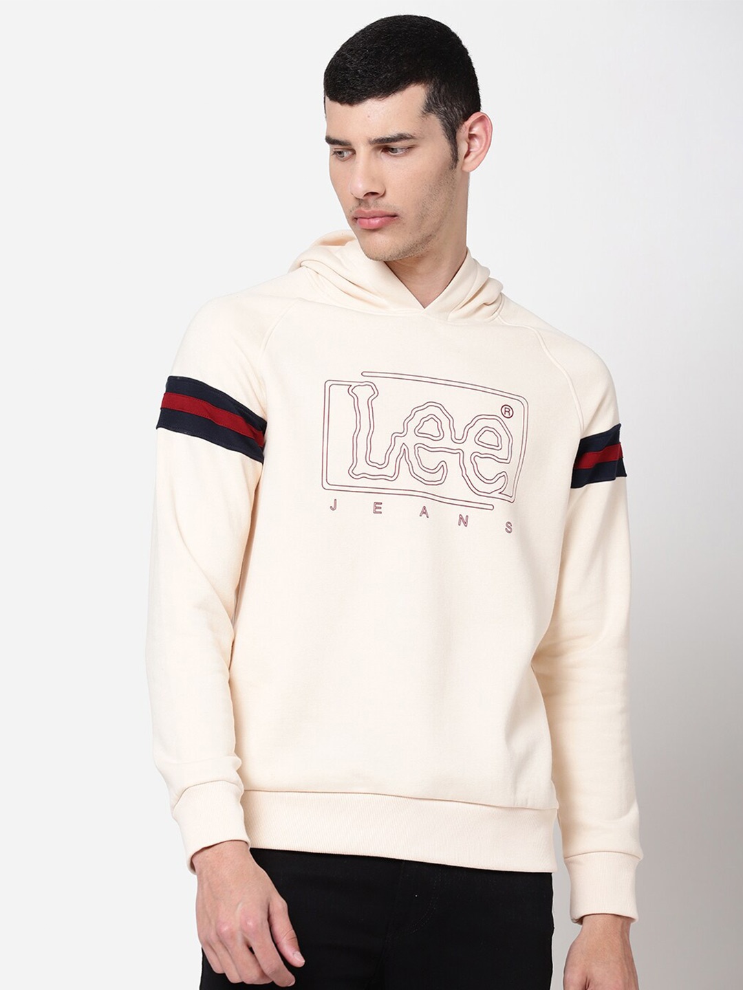 

Lee Men Cream-Coloured Printed Hooded Sweatshirt