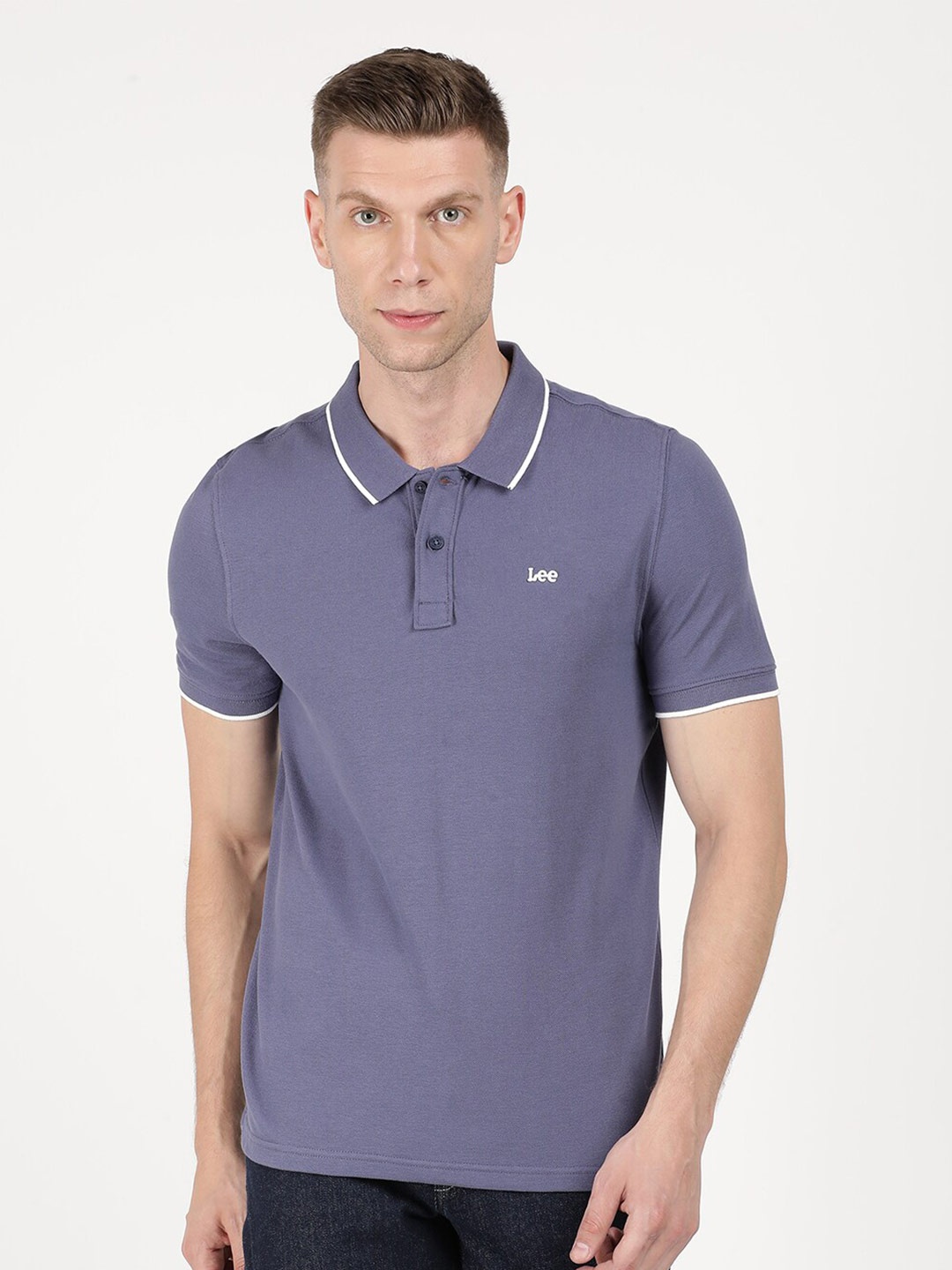 

Lee Men Blue Solid Polo Collar Slim Fit T-shirt