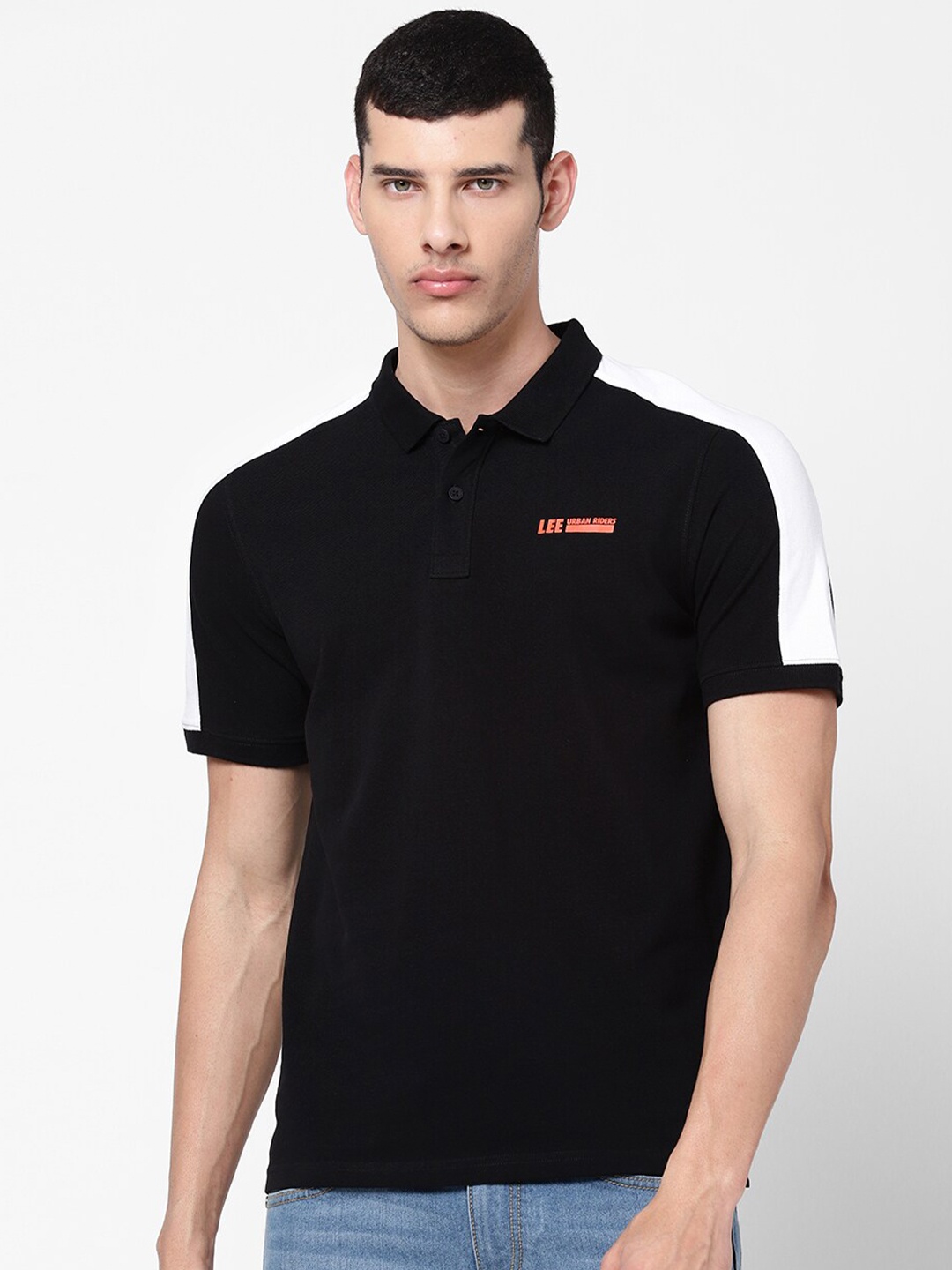 

Lee Men Black & White Polo Collar Slim Fit Cotton T-shirt
