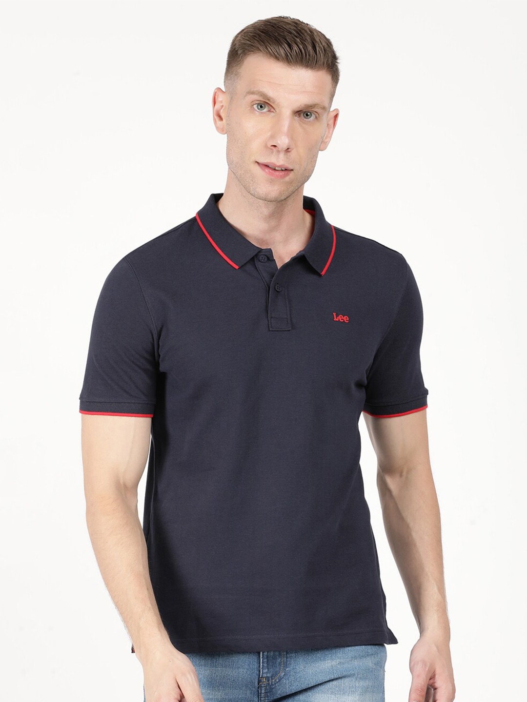 

Lee Men Navy Blue Polo Collar Slim Fit Cotton T-shirt