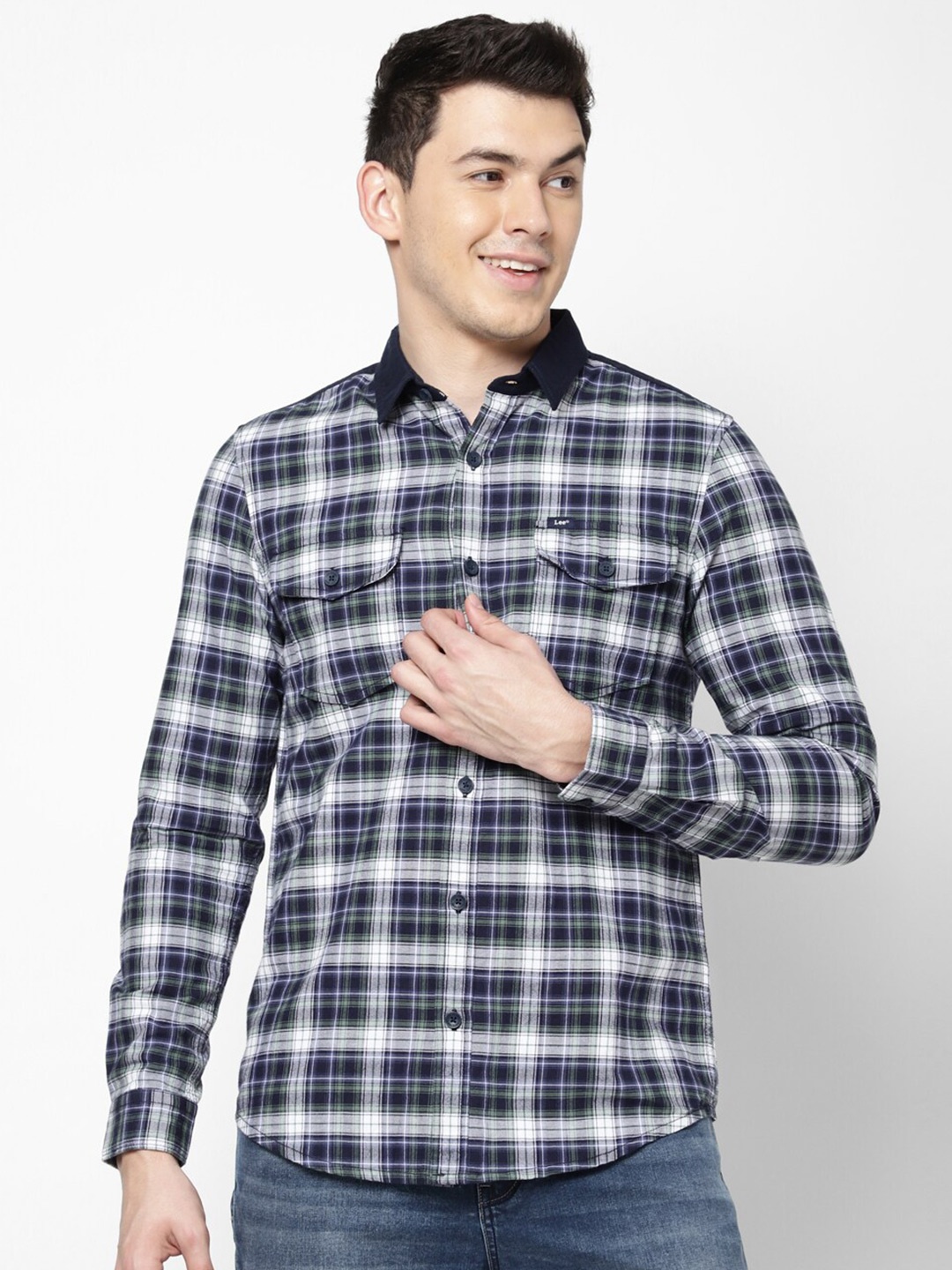

Lee Men Blue Slim Fit Tartan Checks Checked Cotton Casual Shirt