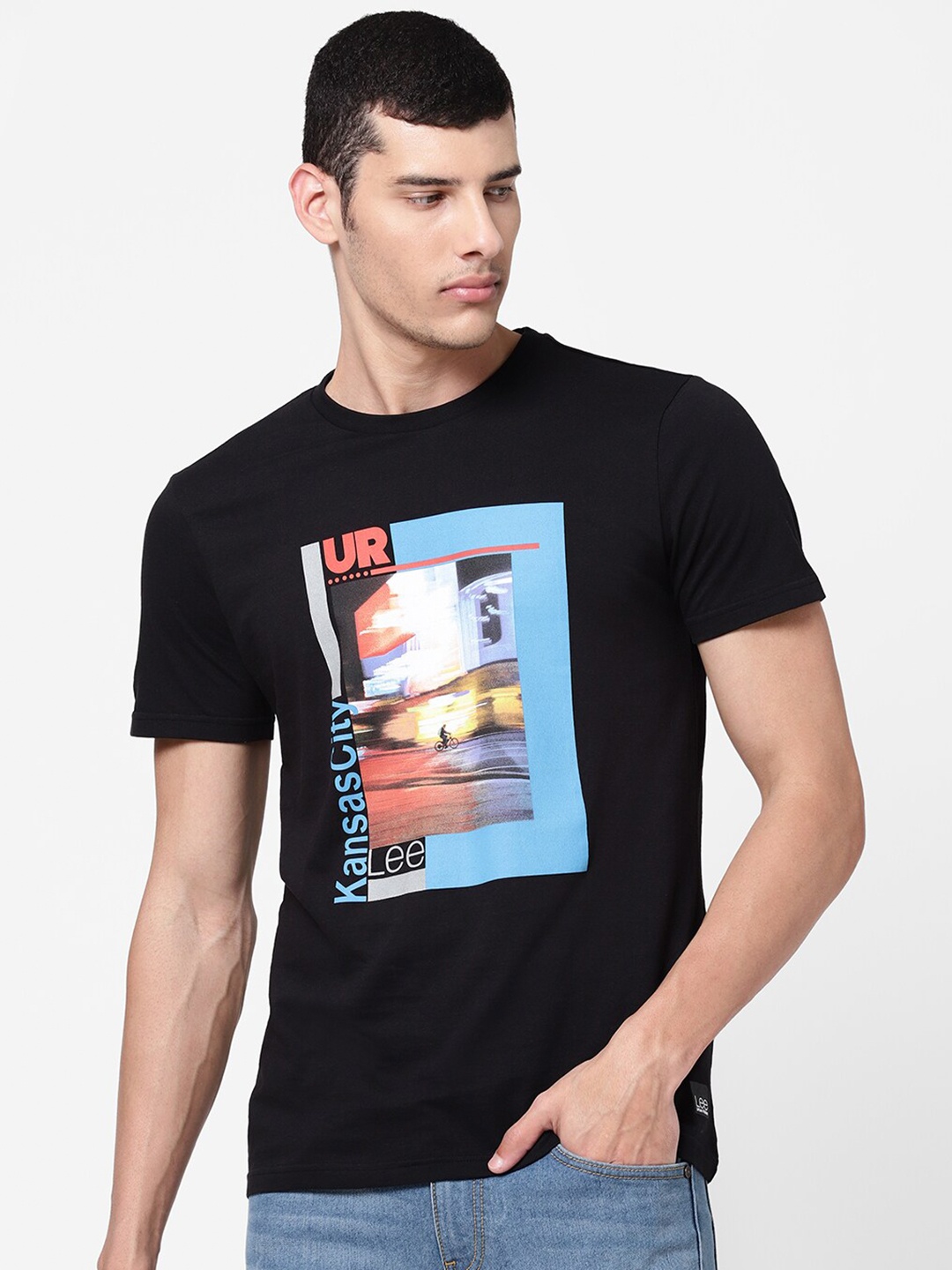Lee Men Black Printed Slim Fit Cotton T-shirt