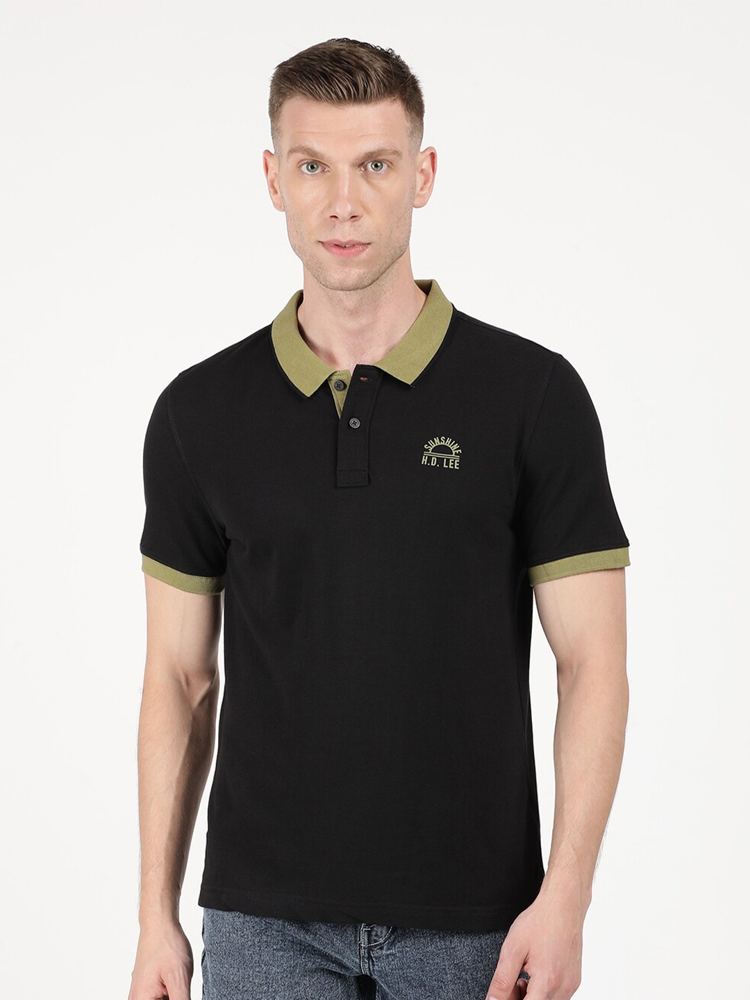

Lee Men Black & Olive Green Polo Collar Slim Fit Cotton T-shirt