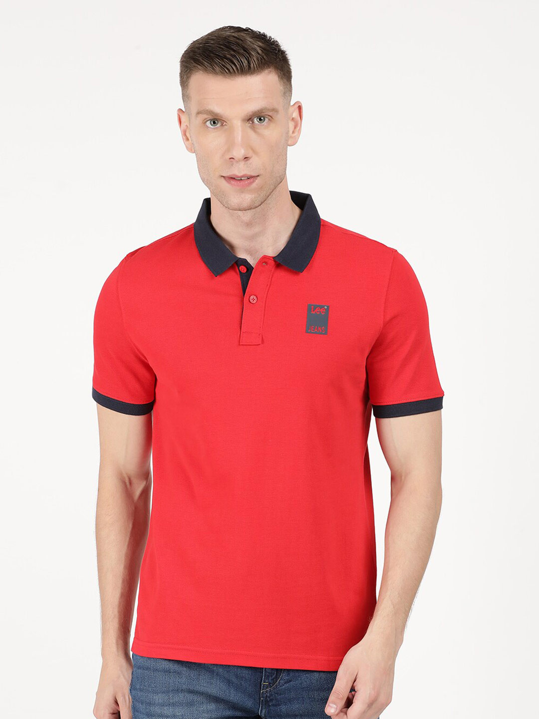 

Lee Men Red Polo Collar Slim Fit Cotton T-shirt