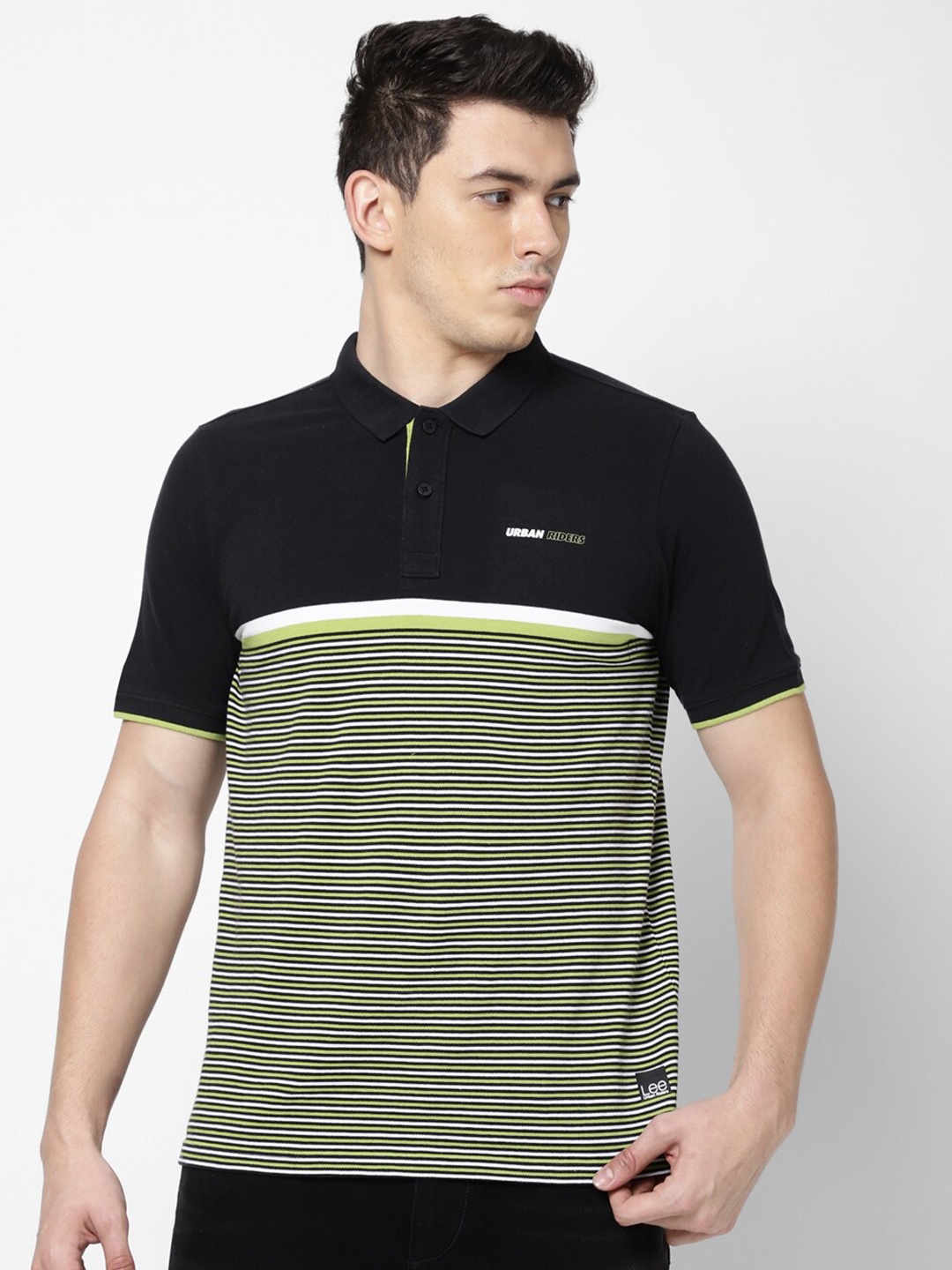Lee Men Black & Green Striped Polo Collar Slim Fit Cotton T-shirt