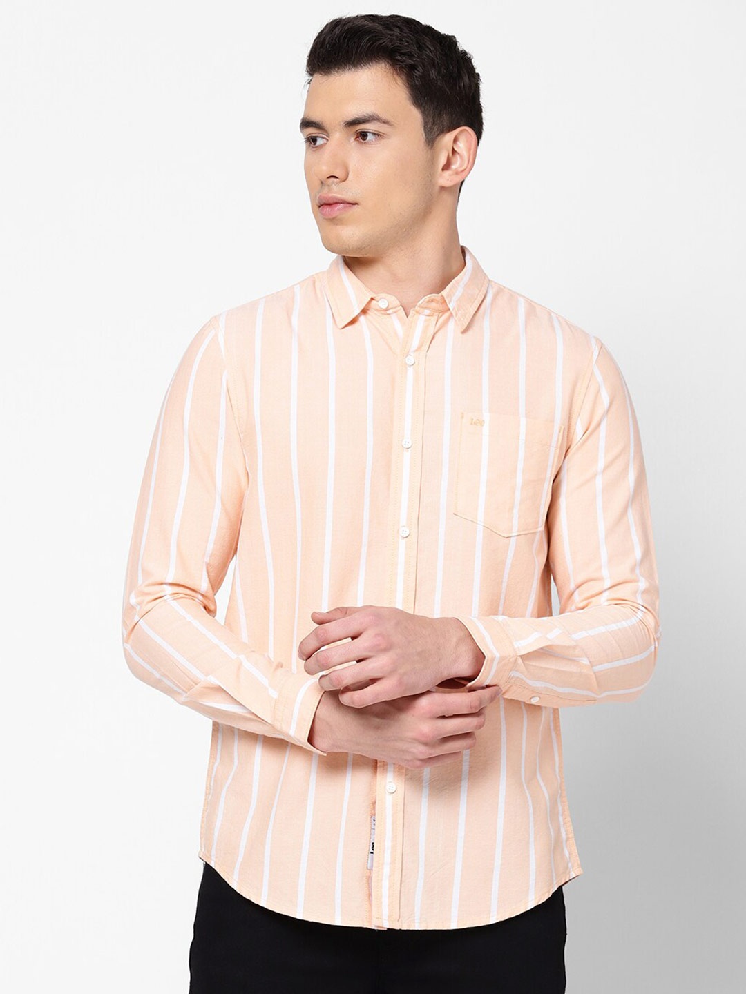 

Lee Men Peach-Coloured Slim Fit Striped Cotton Casual Shirt