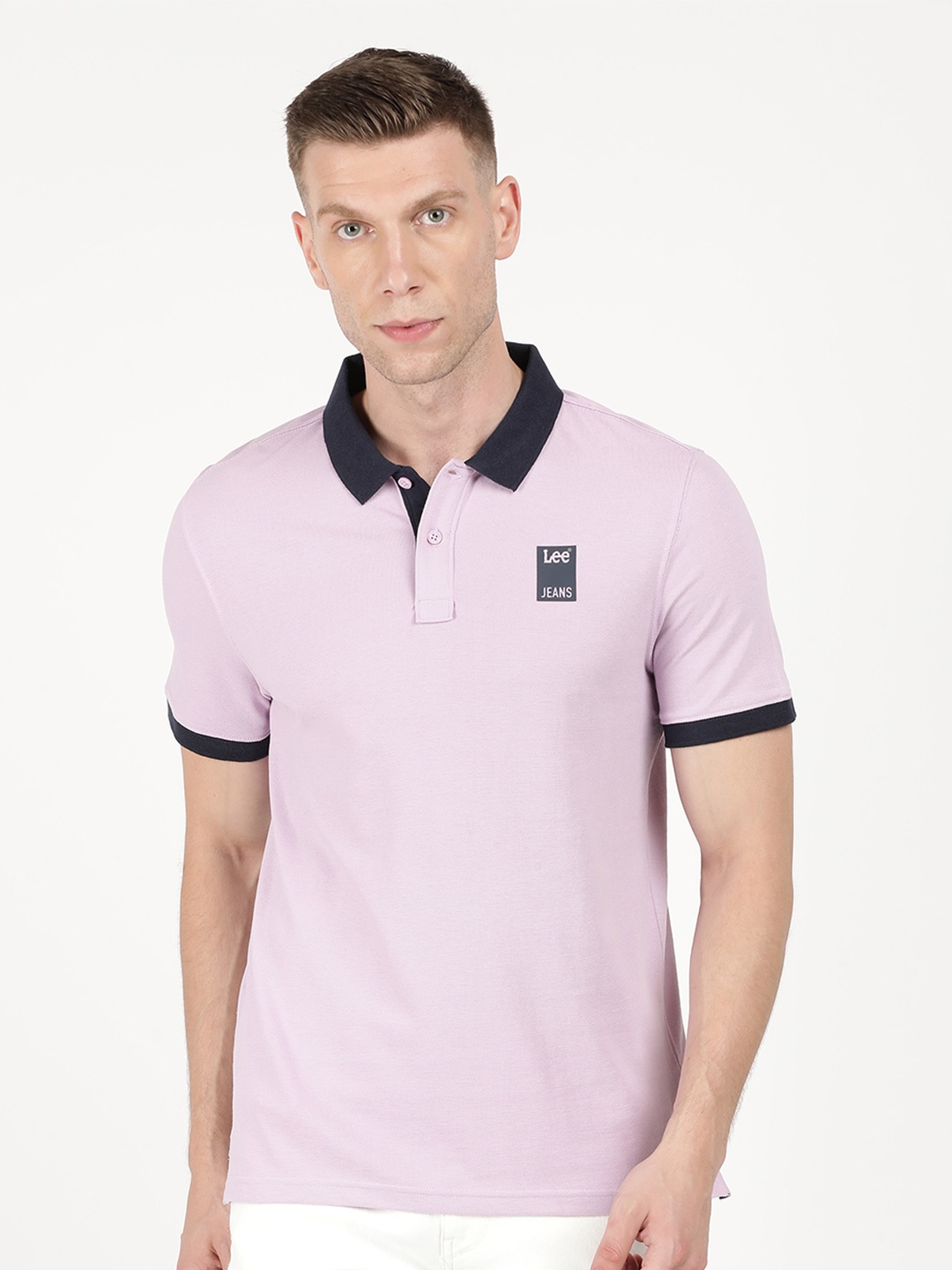 

Lee Men Pink & Black Polo Collar Slim Fit Cotton T-shirt
