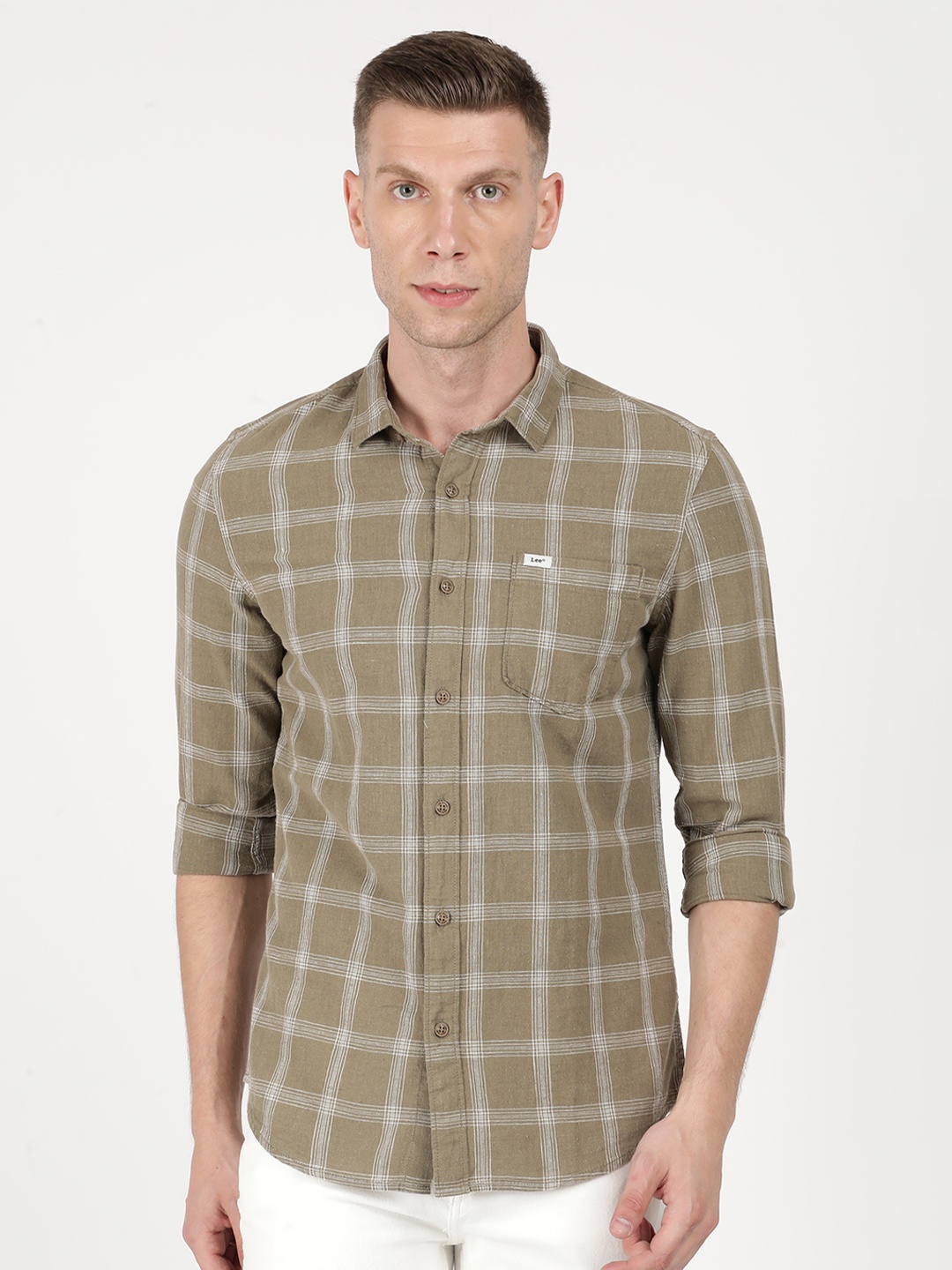 

Lee Men Green Slim Fit Checked Cotton Casual Shirt