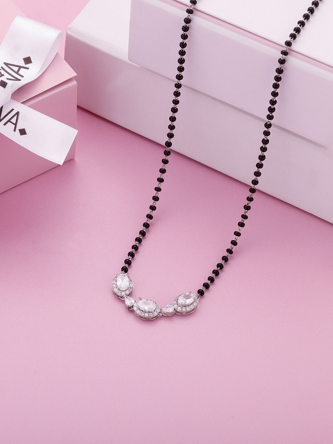 

GIVA Rhodium-Plated Black Stone-Studded & Beaded Mangalsutra, Silver