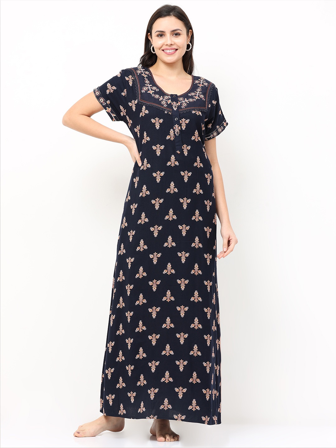 

9shines Label Women Navy Blue Printed Maxi Nightdress