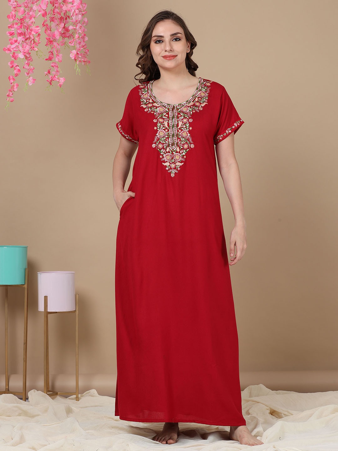 

9shines Label Red Embroidered Maxi Nightdress