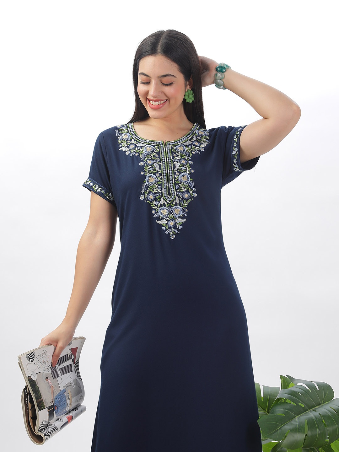 

9shines Label Navy Blue Embroidered Maxi Nightdress